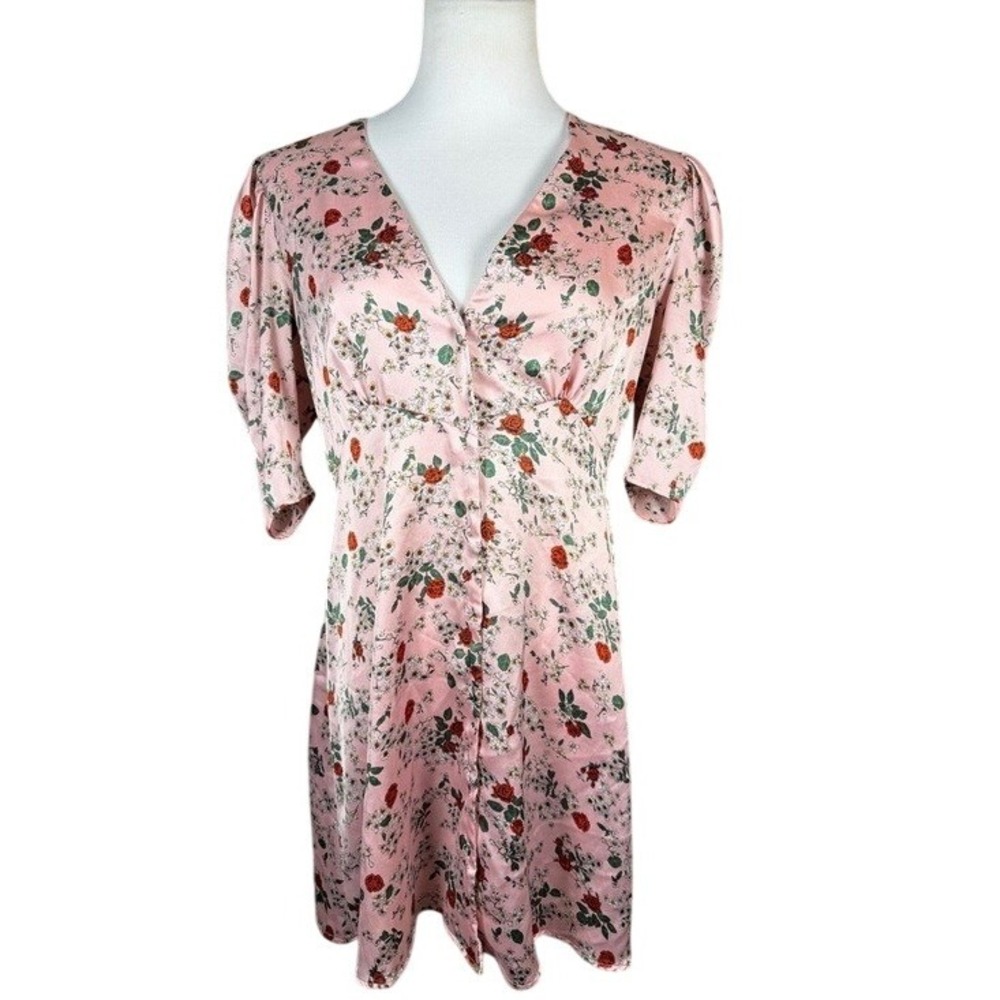 Zara Dress Womens Medium Floral Button Down Pink Short Puff Sleeve Mini